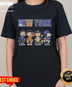 Alt Text: Official Peanuts New York Rangers Knicks Yankees Giants Ladies Tee featuring iconic cartoon designs and team logos.