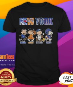 Alt Text: Official Peanuts New York Rangers Knicks Yankees Giants T-Shirt featuring iconic characters in team colors.