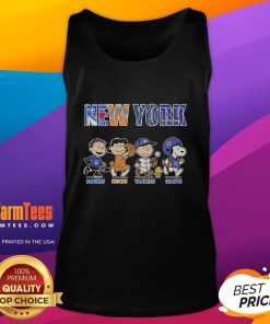 Official Peanuts tank top featuring New York Rangers, Knicks, Yankees, and Giants logos in a stylish design.