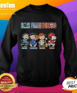 Official Peanuts sweatshirt featuring San Francisco Sharks, Warriors, Giants, and 49ers logos for sports fans.