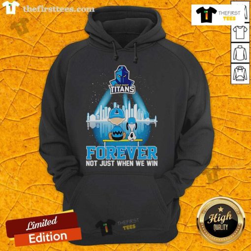 Official Peanuts x Gold Coast Titans hoodie featuring 'Forever Not Just When We Win' skyline design.
