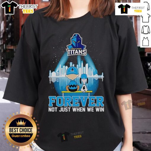 Official Peanuts X Gold Coast Titans Skyline Ladies Tee, featuring 'Forever Not Just When We Win' design.