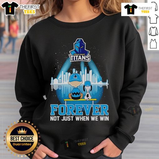 Alt Text: Official Peanuts x Gold Coast Titans Skyline Sweatshirt with 'Forever, Not Just When We Win' slogan.