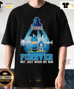 Alt Text: Official Peanuts X Gold Coast Titans Forever Not Just When We Win Skyline T-Shirt featuring iconic characters and team logo.