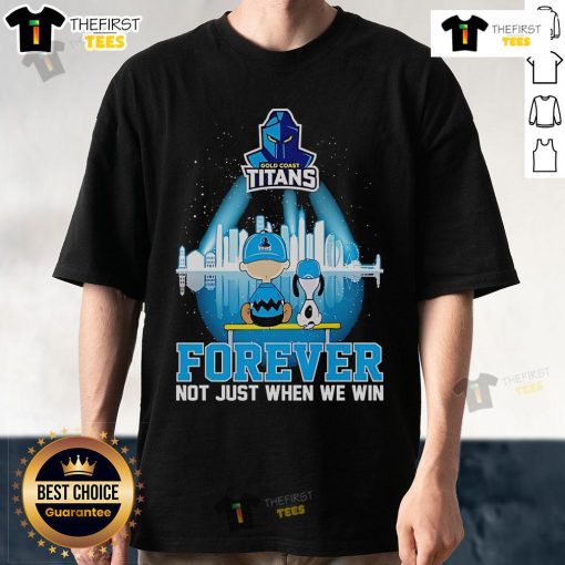 Alt Text: Official Peanuts X Gold Coast Titans Forever Not Just When We Win Skyline T-Shirt featuring iconic characters and team logo.