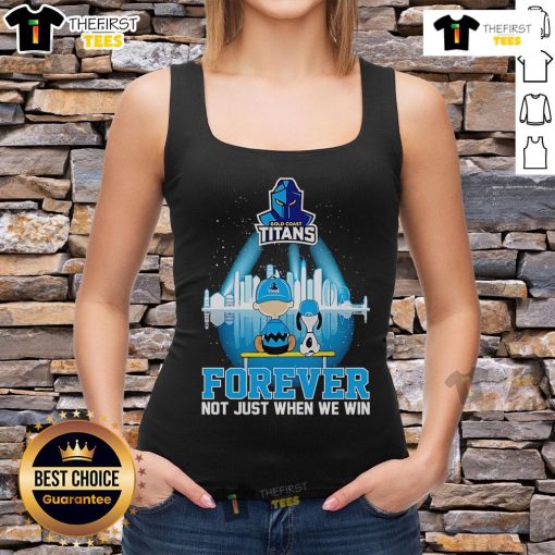 Official Peanuts x Gold Coast Titans Skyline Tank Top featuring 'Forever, Not Just When We Win' design.