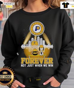 Official Peanuts x Indiana Pacers 'Basketball Forever' skyline sweatshirt featuring iconic characters and team colors.