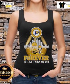 Official Peanuts x Indiana Pacers Basketball tank top featuring 'Forever Not Just When We Win' skyline design.