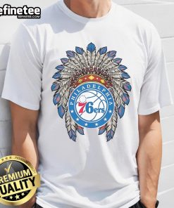 Official Philadelphia 76ers Native American logo t-shirt featuring vibrant design and team colors for fans.