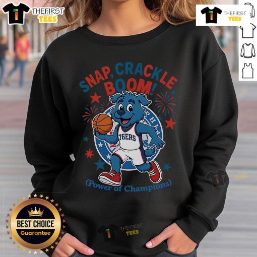 Alt Text: Official Philadelphia 76ers Snap Crackle Boom sweatshirt featuring a patriotic design for Independence Day celebrations.