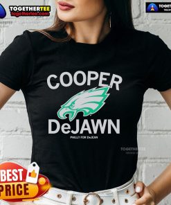 Alt Text: Official Philadelphia Eagles Cooper Dejean Philly For Dejean logo ladies tee featuring vibrant team colors and design.