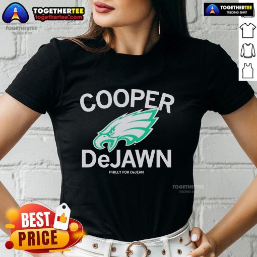 Alt Text: Official Philadelphia Eagles Cooper Dejean Philly For Dejean logo ladies tee featuring vibrant team colors and design.