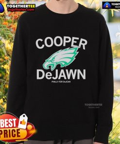 Alt Text: Official Philadelphia Eagles Cooper DeJean Philly For DeJean logo sweatshirt featuring team colors and design.