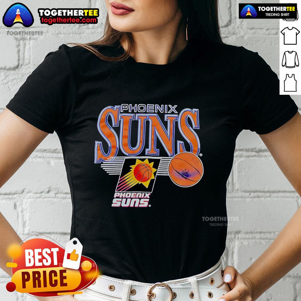 Official Phoenix Suns Logo Vintage Ladies Tee Alt Text: Vintage ladies tee featuring the official Phoenix Suns logo in vibrant colors, perfect for fans and casual wear.