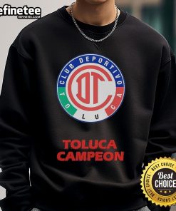 Official Toluca Diablos Rojos sweatshirt featuring round neck and champion emblem for fans of the team.