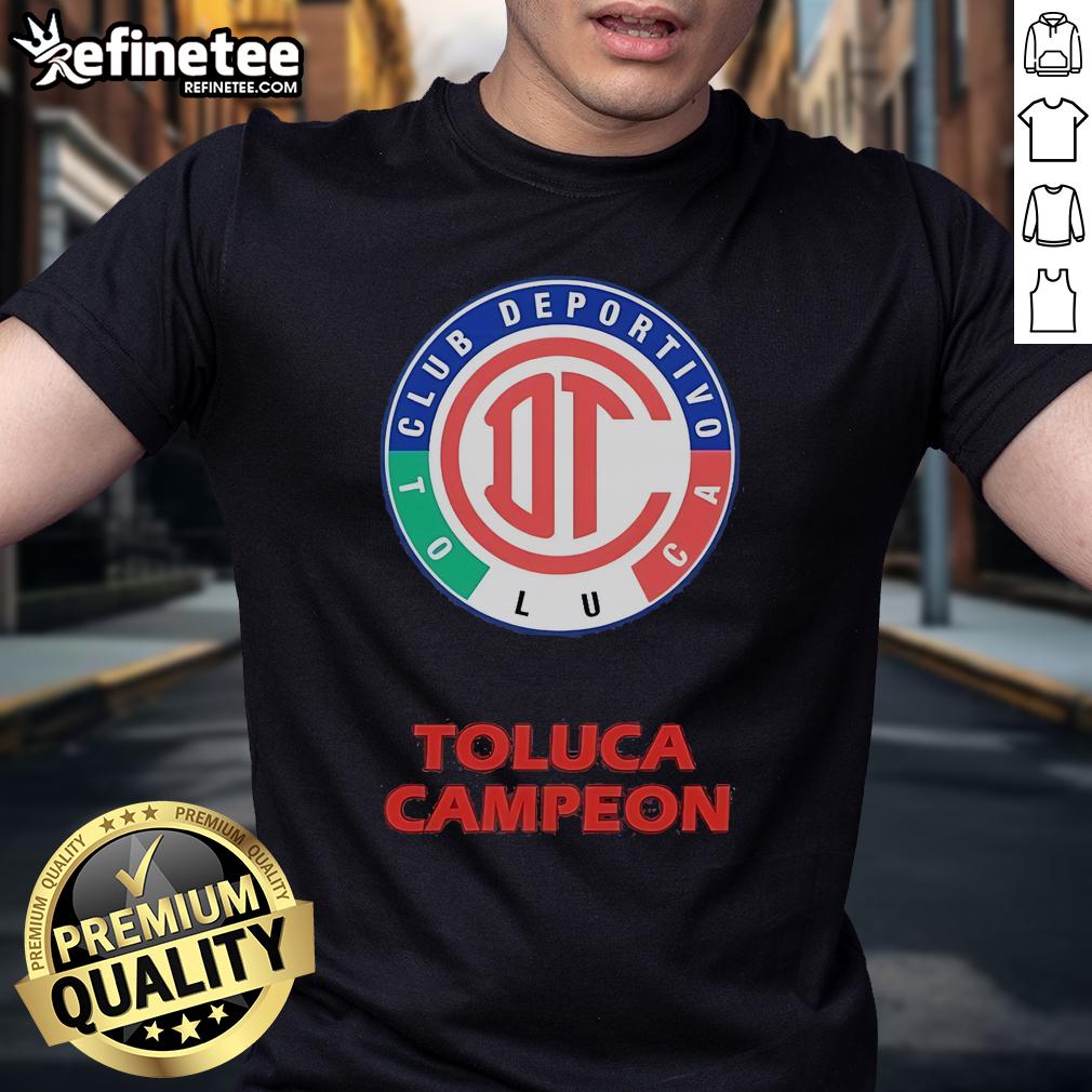 Official Playera Toluca Diablos Rojos Cuello Redondo Escudo Campeon T Shirt Alt Text: Official Playera Toluca Diablos Rojos Cuello Redondo T-Shirt featuring the Champion emblem and vibrant team colors.