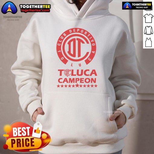 Official Yazbek Diablos Rojos Toluca Campeones 2025 hoodie showcasing team pride and vibrant red design.