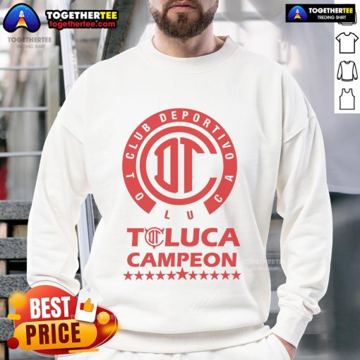 Official Yazbek Diablos Rojos Toluca Campeones 2025 sweatshirt featuring team logo and vibrant red design.