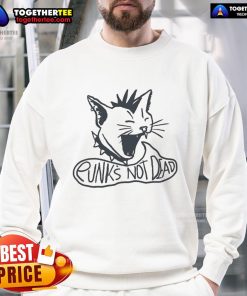 Official Punks Not Dead Cat Sweatshirt featuring a vibrant cat graphic and stylish punk-inspired design.