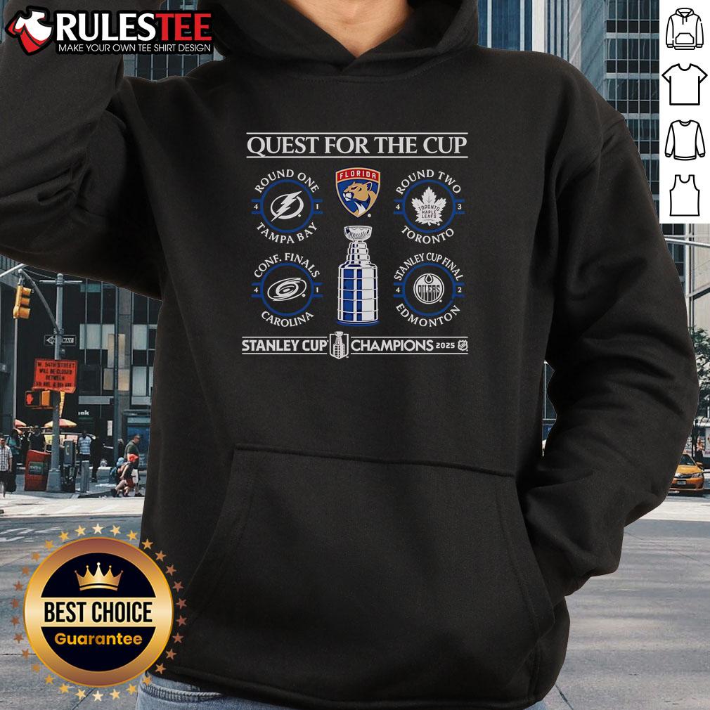 Official Quest For The Cup Florida Panthers 2025 Stanley Cup Champions Schedule Hoodie Official Quest for the Cup Florida Panthers 2025 Stanley Cup Champions Schedule Hoodie featuring team logo and dates.