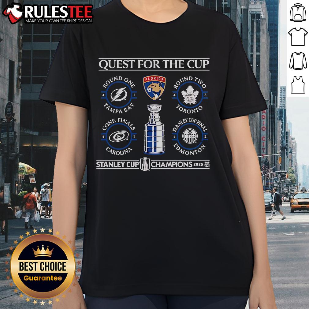 Official Quest For The Cup Florida Panthers 2025 Stanley Cup Champions Schedule Ladies-Tee Alt Text: Official Florida Panthers 2025 Stanley Cup Champions schedule on a ladies tee, perfect for fans celebrating victory.