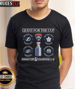 Alt Text: Official Quest For The Cup Florida Panthers 2025 Stanley Cup Champions Schedule T-Shirt featuring team logo and schedule.