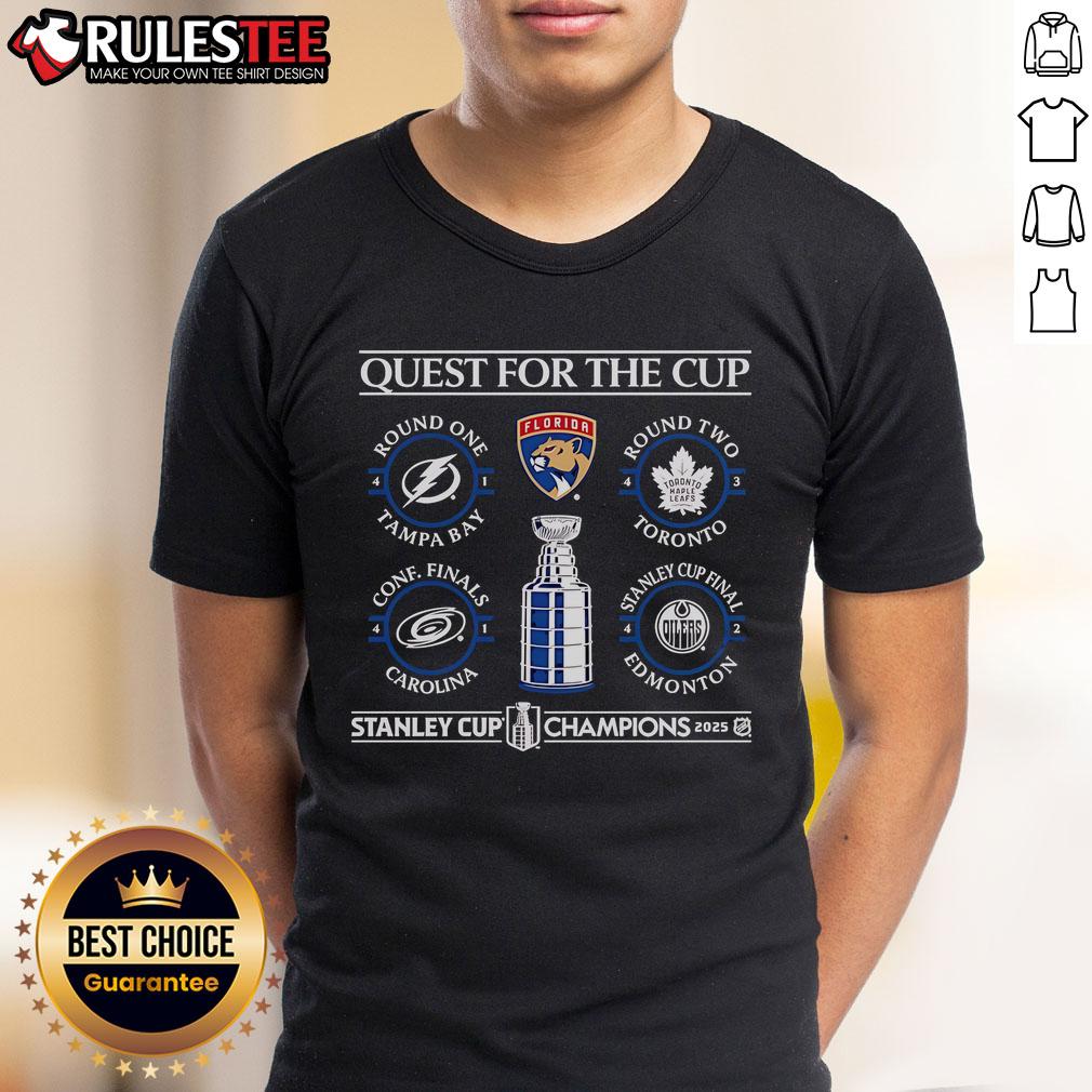 Official Quest For The Cup Florida Panthers 2025 Stanley Cup Champions Schedule T-Shirt Alt Text: Official Quest For The Cup Florida Panthers 2025 Stanley Cup Champions Schedule T-Shirt featuring team logo and schedule.