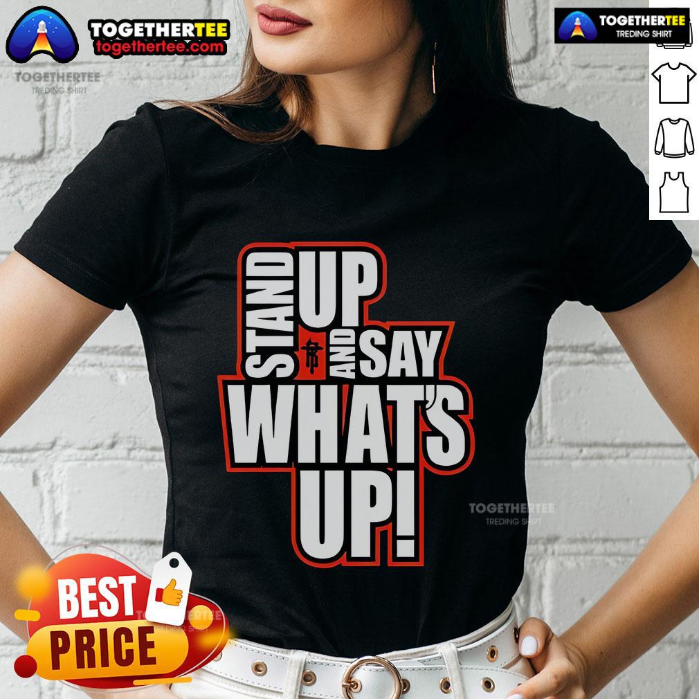 Official R Truth Stand Up And Say Whats Up Ladies Tee R-Truth Stand Up And Say What's Up Ladies Tee featuring vibrant graphics and a comfortable fit for wrestling fans.