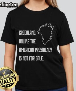 Official Retro Greenland tee with 'Unlike the American Presidency, Not for Sale' slogan for women, promoting authenticity.