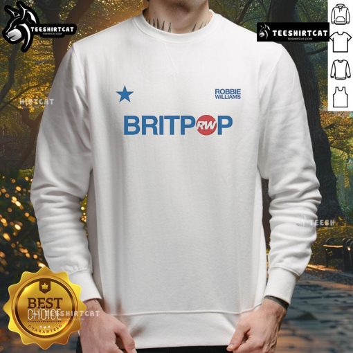 Official Robbie Williams Britpop Football Ringer Sweatshirt featuring classic design and vibrant colors for fans.
