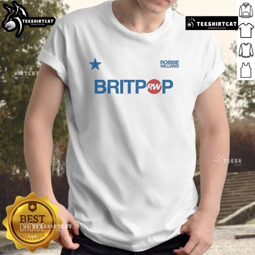 Official Robbie Williams Britpop Football Ringer T-Shirt featuring vibrant graphics and stylish sporty design.