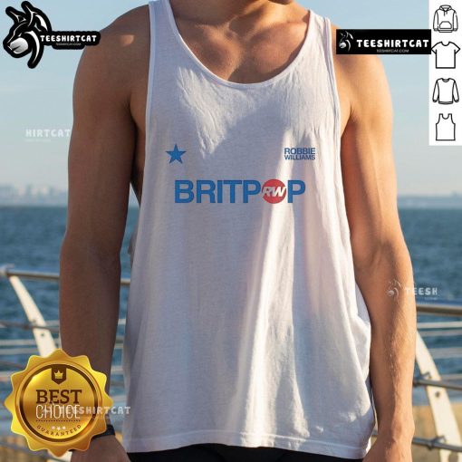 Alt Text: Official Robbie Williams Britpop football ringer tank top featuring iconic design and vibrant colors, perfect for fans.