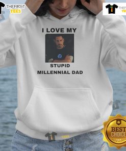 Alt Text: Robert Downey Jr. 'I Love My Stupid Millennial Dad' hoodie showcasing a trendy design for fans and fathers alike.