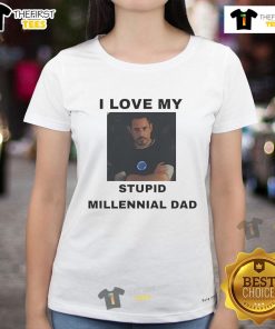 Official Robert Downey Jr. I Love My Stupid Millennial Dad Ladies Tee featuring a stylish design for fans.
