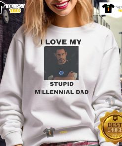 Official Robert Downey Jr. 'I Love My Stupid Millennial Dad' sweatshirt showcasing a fun, stylish design for fans.
