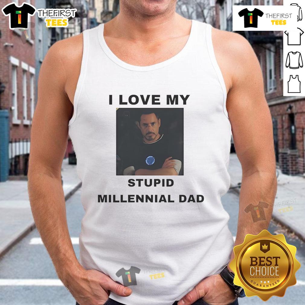 Official Robert Downey Jr. I Love My Stupid Millennial Dad Tank Top Official Robert Downey Jr. 'I Love My Stupid Millennial Dad' tank top featuring a fun and playful design.