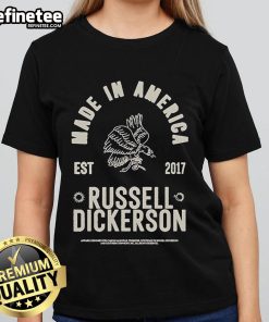 Alt Text: Official Russell Dickerson Made In America Est 2017 Bird Ladies Tee featuring a stylish bird graphic design.