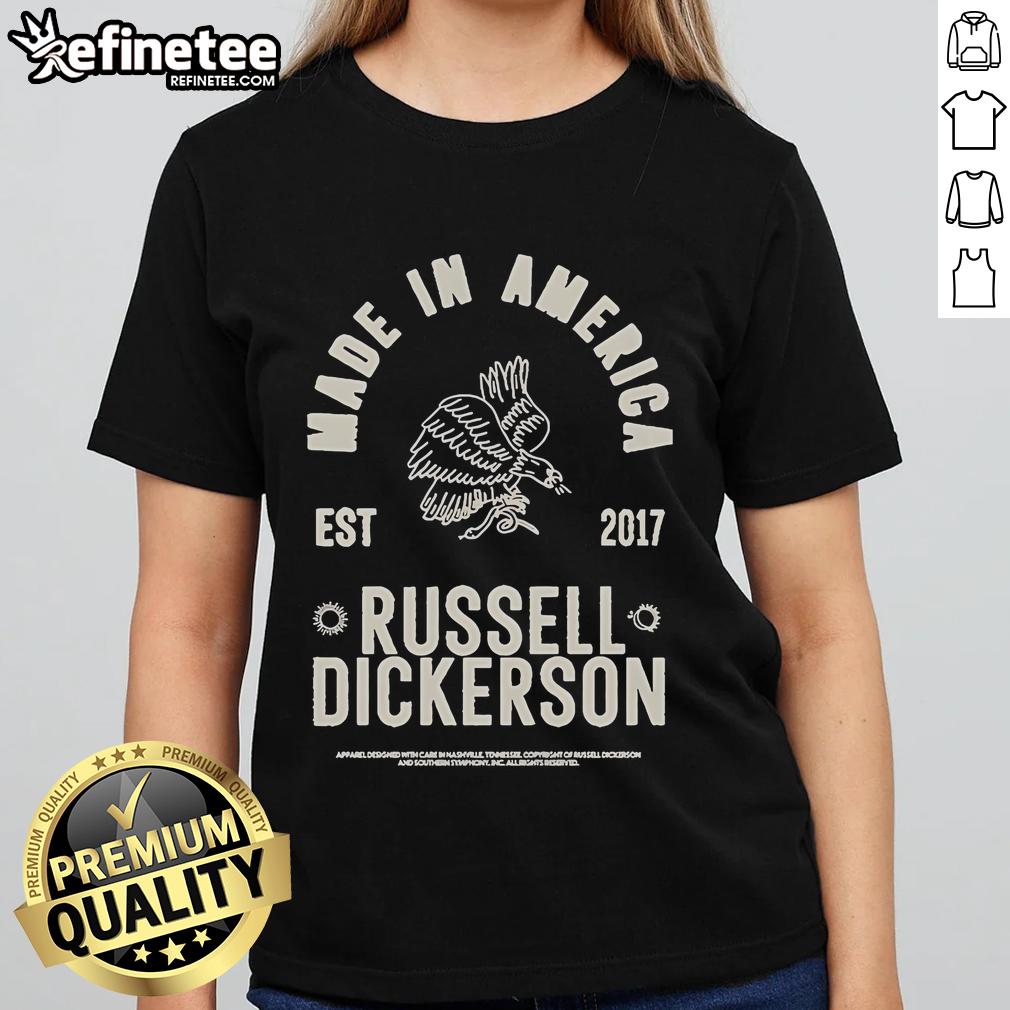 Official Russell Dickerson Made In America Est 2017 Bird Ladies Tee Alt Text: Official Russell Dickerson Made In America Est 2017 Bird Ladies Tee featuring a stylish bird graphic design.