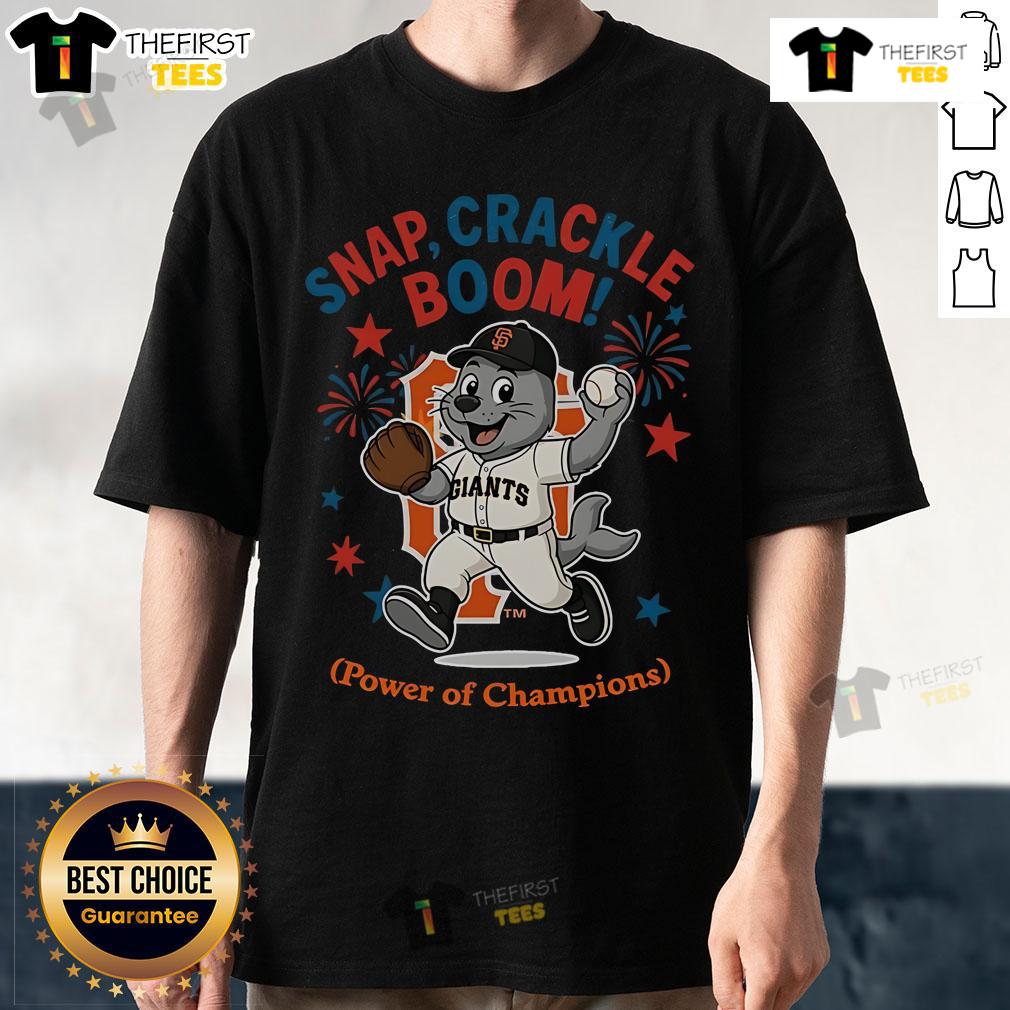 Official San Francisco Giants Snap Crackle Boom Power Of Champions Indepencence Day T-Shirt Alt Text: Official San Francisco Giants Snap Crackle Boom Power Of Champions Independence Day T-Shirt featuring vibrant team graphics.