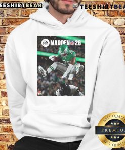 Saquon Barkley hurdles a defender on the cover of Madden NFL, featured on a stylish Philadelphia Eagles hoodie.