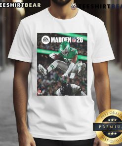 Saquon Barkley Philadelphia Eagles hurdles on Madden NFL T-shirt cover, showcasing athleticism and team pride.