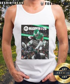 Alt Text: Saquon Barkley leaps gracefully in a Philadelphia Eagles jersey on the Madden NFL tank top cover.
