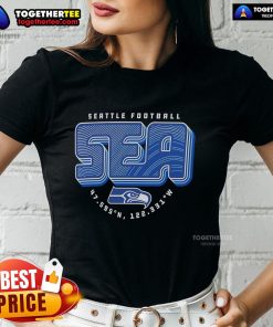 Official Seattle Seahawks ladies tee featuring hometown sea geographic coordinates, perfect for fans and casual wear.