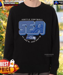 Official Seattle Seahawks hometown sweatshirt featuring geographic coordinates, perfect for fans and casual wear.
