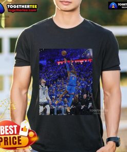 Alt Text: Official Shai Gilgeous-Alexander Oklahoma City Thunder Game Frames T-Shirt featuring vibrant team colors and logo.