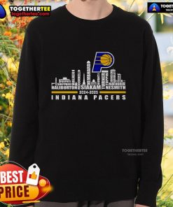 Alt Text: Official Skyline Indiana Pacers 2024-2025 sweatshirt featuring team colors and logo for fans and supporters.