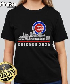 Official Chicago Cubs 2025 ladies tee featuring a stylish skyline design, perfect for fans and casual wear.