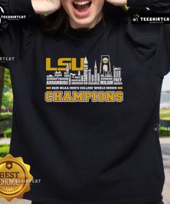 LSU Tigers 2025 NCAA Men's College World Series Champions sweatshirt featuring official skyline design.