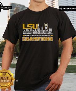 LSU Tigers 2025 NCAA Men's College World Series Champions T-shirt featuring official skyline design and team logo.
