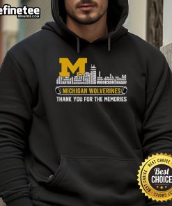 Alt Text: Michigan Wolverines hoodie featuring 'Thank You For The Memories' and official skyline design for fans.